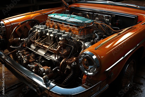 photo of inside old car hood engine