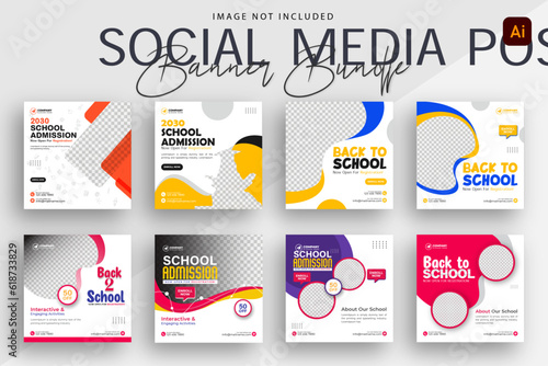 School admission social media post banner design Bundle. Back-to-school social media post banner design set. minimalist Back to school admission promotion banner. Back to school banner design ad