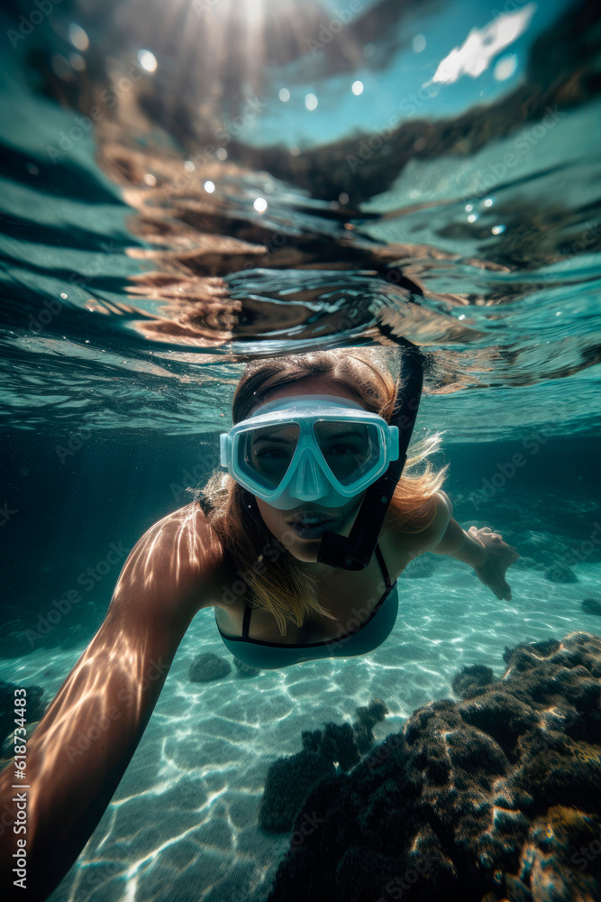 Fototapeta premium Young girl snorkeling in the sea, exploring underwater, summer vacation, summer sports