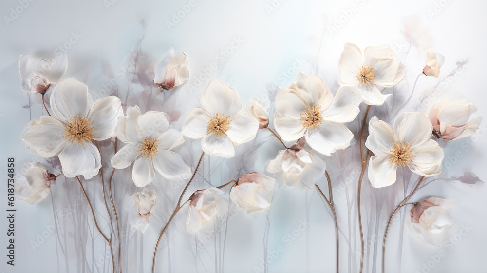 gorgeous White flowers blowing in the wind white background, like watercolor paint. AI generated Illustration