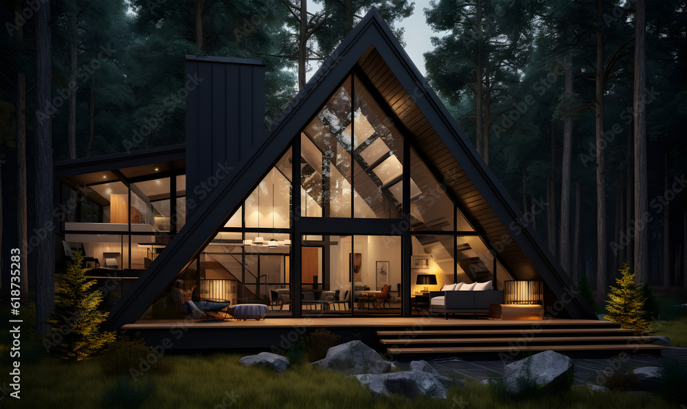 Modern luxury villa exterior in minimal style. Glass cottage in the woods at night. Modern cabin house in deep forest. Generative Ai