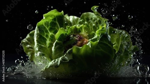 Lettuce hit by splashes of water with black blur background