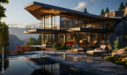 Modern exterior of a luxury villa in a minimal style. Glass house in the mountains. generative AI © Edge of Art 
