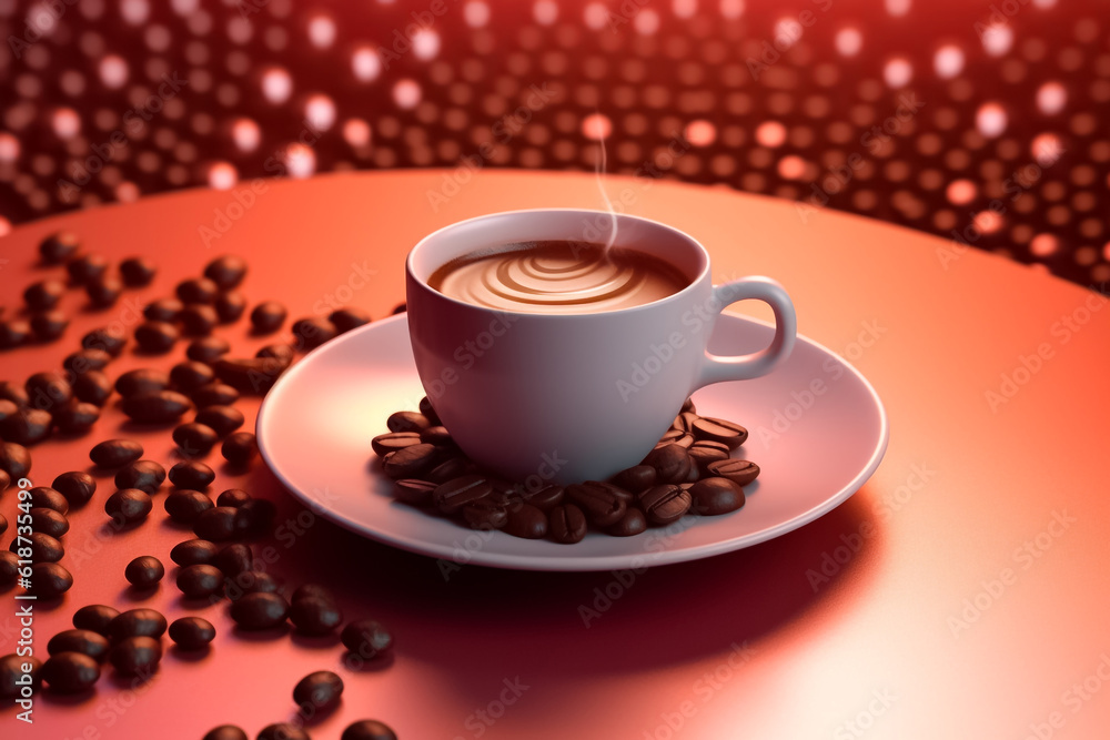 Obraz premium Cup coffee beans wooden. Many coffee beans are laid all around, and there are coffee cups with plate views in the morning.