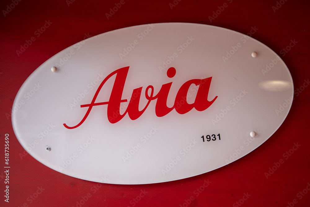 Avia gas station brand company logo sign service Petrol pump text from 1931  Stock Photo