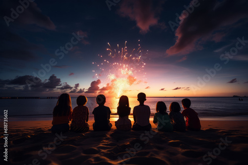 Children playing with sparklers and fireworks at sunset on the 4th of July and New Year holiday