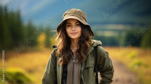 Happy woman hiking in autumn forest nature walking on trail path. Hiker girl with backpack, hat and jacket on fall adventure travel outdoors good weather during hike in cold weather.