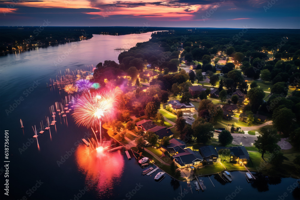 Aerial drone shot of New years eve or 4th of July fireworks in the sky
