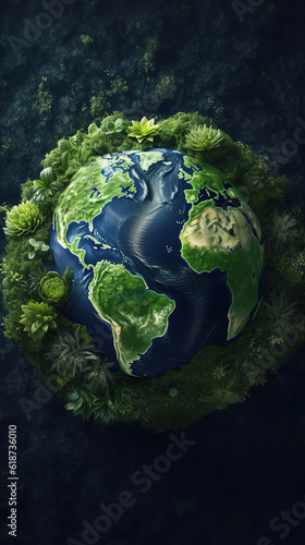 Earth globe with land, sea and plants in the forest. created with generative AI technology.