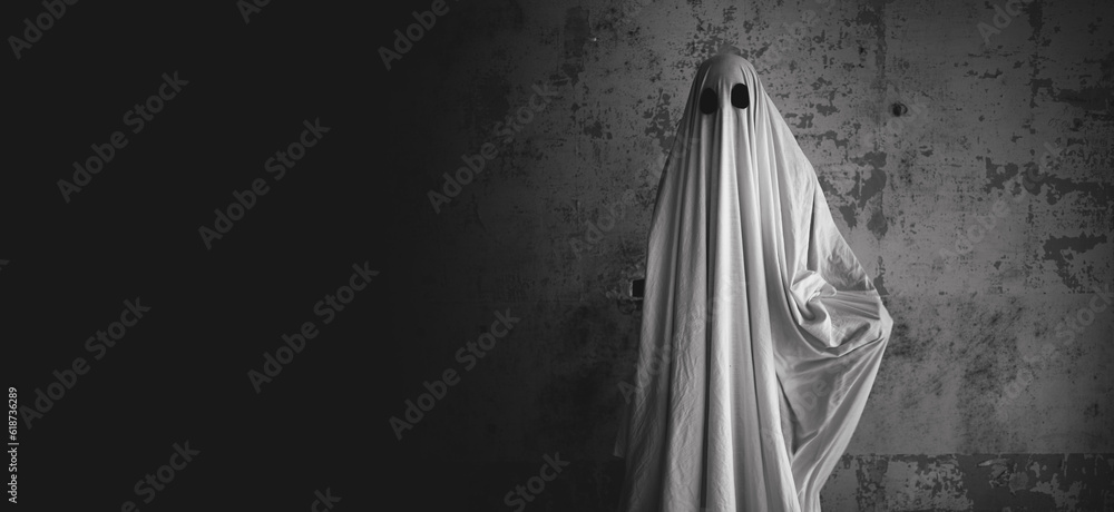 Scary ghost on gray background. Halloween concept