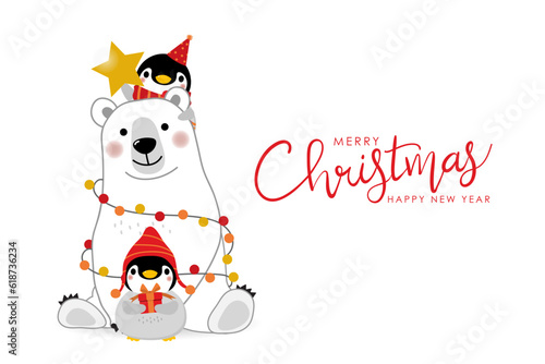 Merry Christmas greeting card with cute polar bear and baby penguins. Arctic animal in winter costume cartoon character. -Vector