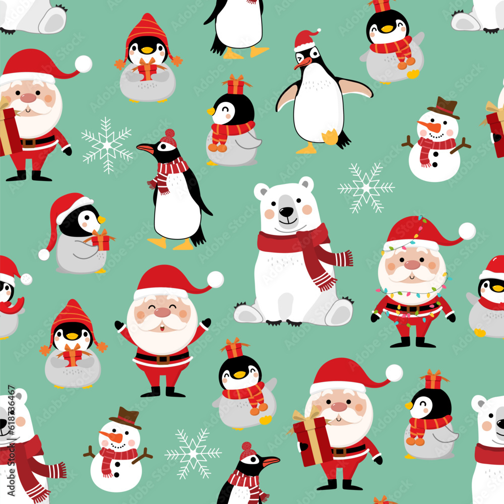 Cute polar bear, seal, penguin and baby in winter costume seamless pattern. Wildlife animal in Christmas holidays outfit background and wallpaper. -Vector