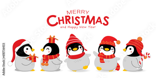 Cute baby penguin in winter costume vector. Merry Christmas and happy holidays greeting card. Wildlife animal cartoon character. -Vector