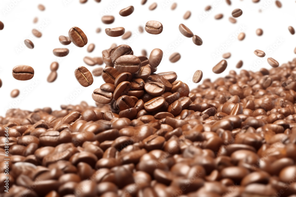 Portrait of coffee bean brown roasted caffeine espresso seed. Coffee beans on a blurry background. Flying coffee beans background. Generative AI. Portrait of coffee bean brown roasted caffeine espresso seed. Coffee beans on a blurry background. Flying coffee beans background. Generative AI.