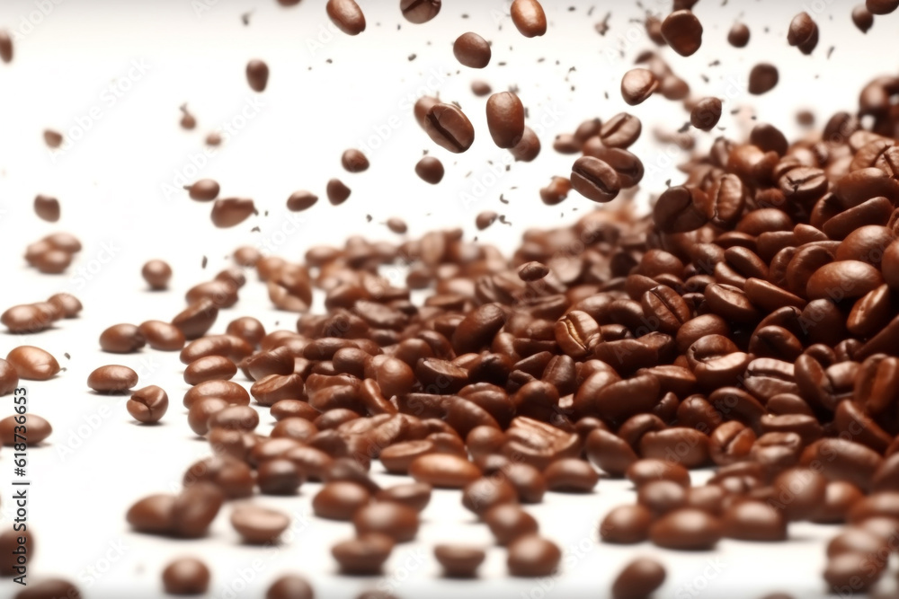 Portrait of coffee bean brown roasted caffeine espresso seed. Coffee beans on a blurry background. Flying coffee beans background. Generative AI. Portrait of coffee bean brown roasted caffeine espresso seed. Coffee beans on a blurry background. Flying coffee beans background. Generative AI.