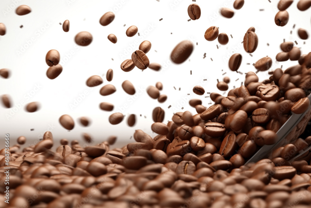 Portrait of coffee bean brown roasted caffeine espresso seed. Coffee beans on a blurry background. Flying coffee beans background. Generative AI. Portrait of coffee bean brown roasted caffeine espresso seed. Coffee beans on a blurry background. Flying coffee beans background. Generative AI.