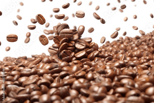 Portrait of coffee bean brown roasted caffeine espresso seed. Coffee beans on a blurry background. Flying coffee beans background. Generative AI.