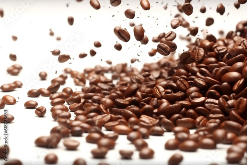 Portrait of coffee bean brown roasted caffeine espresso seed. Coffee beans on a blurry background. Flying coffee beans background. Generative AI. © Surachetsh
