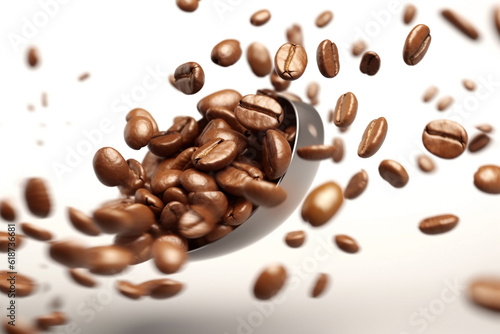 Portrait of coffee bean brown roasted caffeine espresso seed. Coffee beans on a blurry background. Flying coffee beans background. Generative AI.