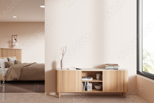 Tableau sur toile Cozy bedroom interior with bed and sideboard near window