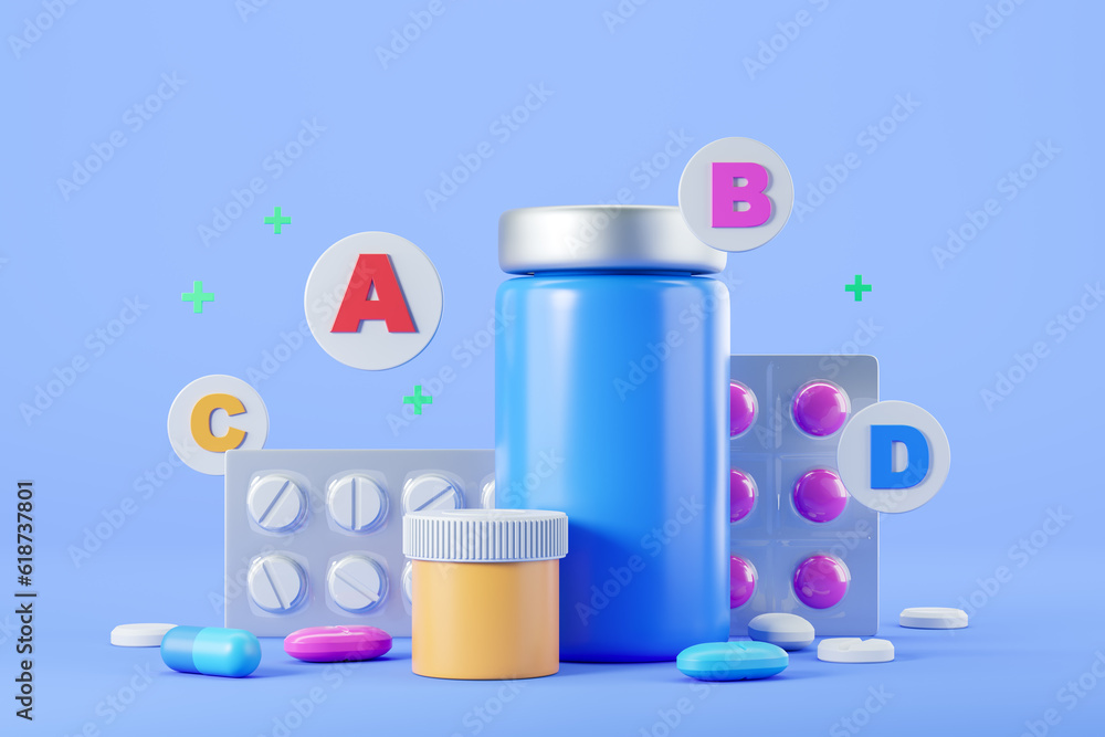 Medical bottles with pills and vitamins icons, health care. Mock up - obrazy, fototapety, plakaty 