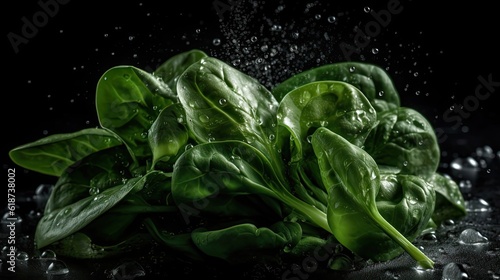 Green Spinach hit by splashes of water with black blur background