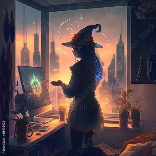 modern day witch using technology for magic spells code circuts pagan iconography beautiful woman high rise apartment in the city  photo