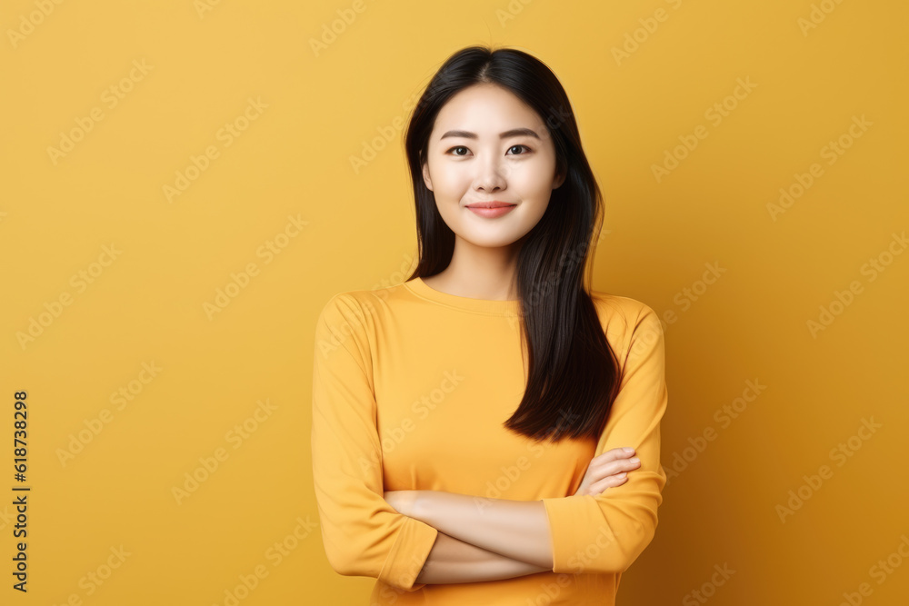 Generative AI - Serene Reflections: Thoughtful Asian Woman Smiling, Standing with Crossed Arms, Embracing Minimalist Elegance Generative AI - Serene Reflections: Thoughtful Asian Woman Smiling, Standing with Crossed Arms, Embracing Minimalist Elegance