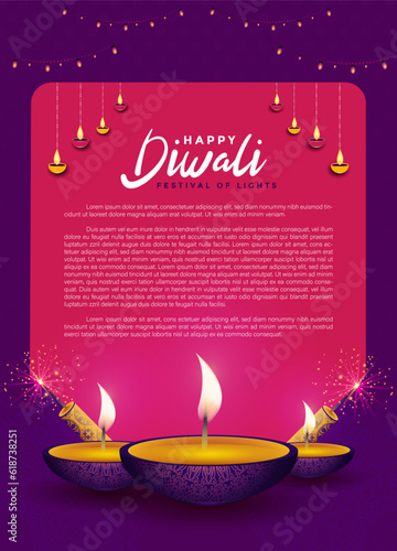 Fotografia illustration of burning 3 diya on Happy Diwali festival of lights background
