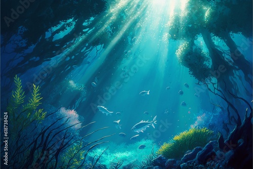 水中 光 海底 魚 海 太陽 深海 泡 海藻 洞窟 青, generative ai © GINGER_Tsukahara