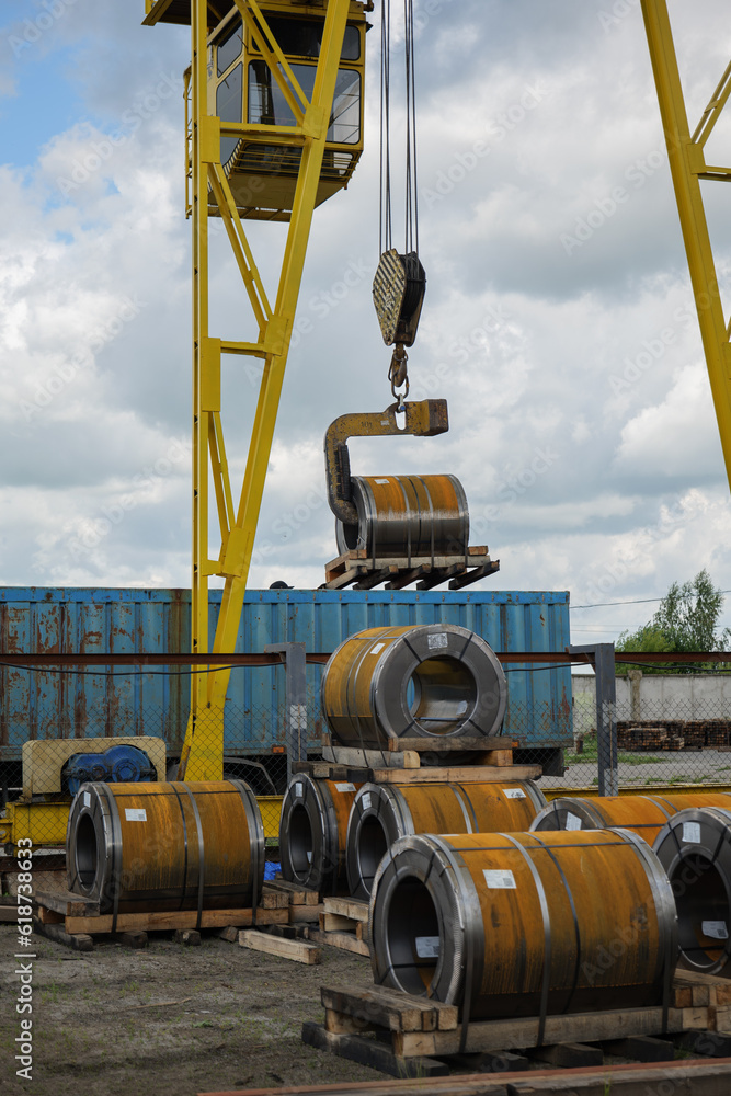 Factory overhead crane. Business logistic, site with crane Factory overhead crane. Business logistic, site with crane