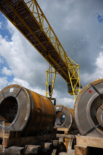 Factory overhead crane. Business logistic, site with crane