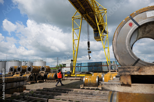 Factory overhead crane. Business logistic, site with crane