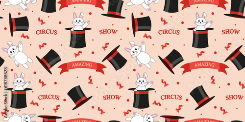 Seamless pattern with Circus symbols. Wallpaper and bed linen printing with Hare in the magician's Hat. Vector Art in vintage style with inscription Amazing Circus Show.