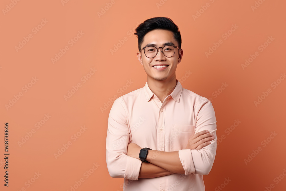 Generative AI - Thoughtful Contemporary Asian Man Smiling, Standing with Crossed Arms, Embracing Minimalist Backgrounds, Engaging with the Camera Generative AI - Thoughtful Contemporary Asian Man Smiling, Standing with Crossed Arms, Embracing Minimalist Backgrounds, Engaging with the Camera