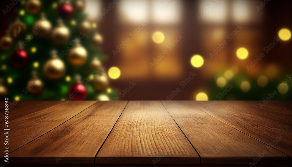 Empty wooden table with christmas theme in background Empty wooden table with christmas theme in background