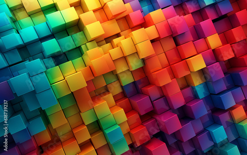 Dynamic square composition  Composing a pattern of overlapping squares in a random order  resulting in a vibrant and colorful rainbow gradient.   Generative AI