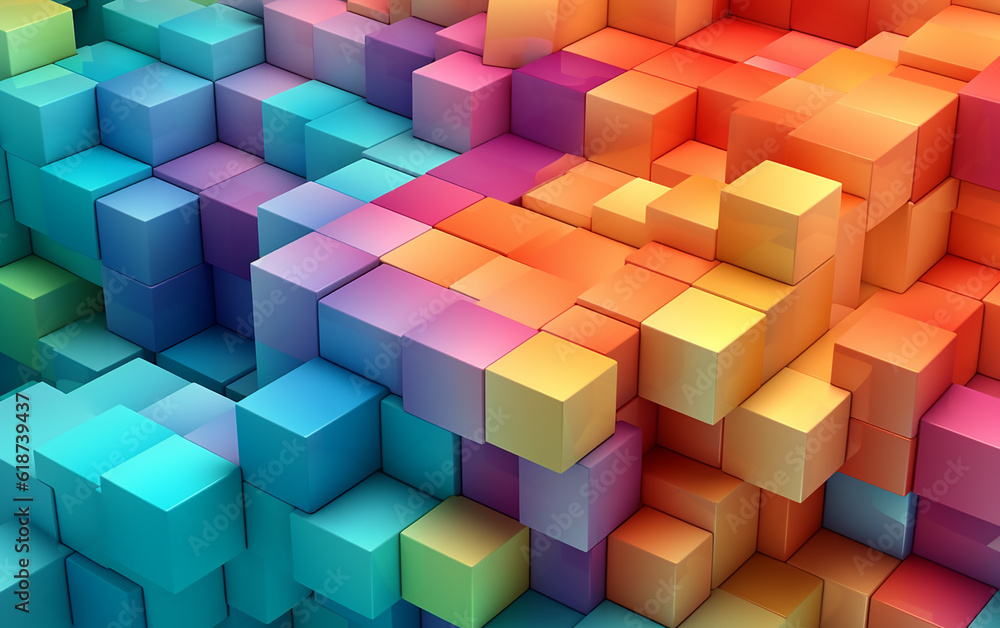 Random placement of colorful blocks: Arranging bold and vibrant blocks in a random order, resulting in a pattern where squares overlap in a rainbow gradient. Generative AI Random placement of colorful blocks: Arranging bold and vibrant blocks in a random order, resulting in a pattern where squares overlap in a rainbow gradient. Generative AI
