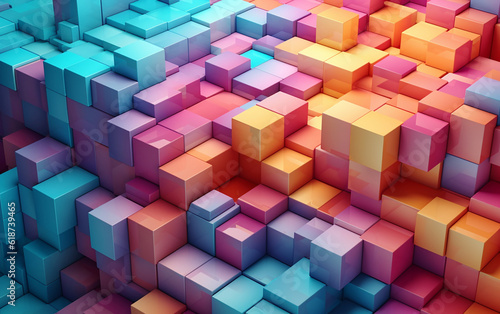 Vibrant square stack  Stacking colorful and bold squares in a random arrangement  forming a pattern of overlapping squares in a rainbow gradient.   Generative AI