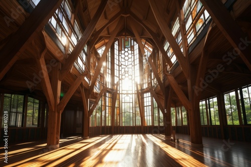 Wooden interior cathedral. Generate Ai