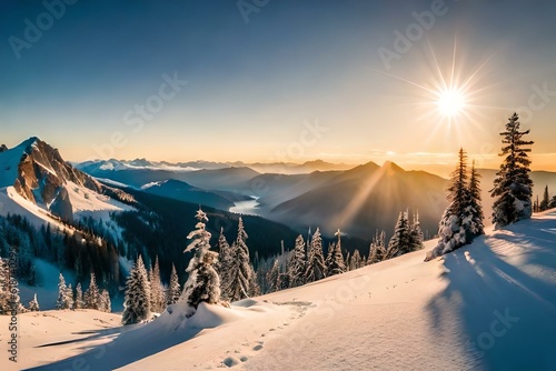 Majestic sunrise in the winter mountains landscape. © Ahtesham
