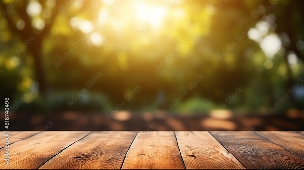 Wooden board empty table top on of blurred background. Perspective brown wood table over blur in yard background Wooden board empty table top on of blurred background. Perspective brown wood table over blur in yard background