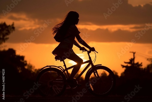 Girl ride bike sunset. Generate Ai © nsit0108