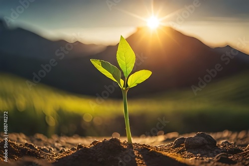 developing plant, Young plant with ground backdrop and dawn light, New life idea