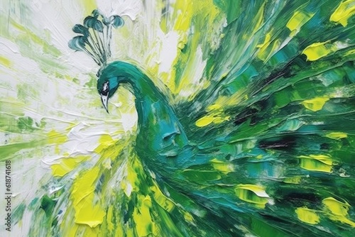 peacock  form and spirit through an abstract lens. dynamic and expressive peacock print by using bold brushstrokes, splatters, and drips of paint.  peacock raw power and untamed energy