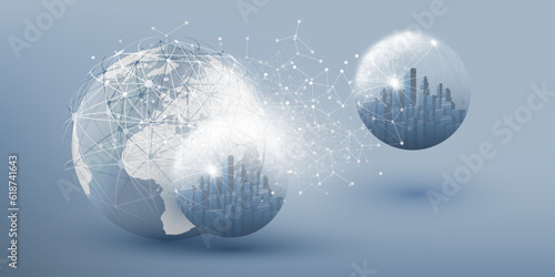 Futuristic Smart City, Cloud Computing Design Concept with Polygonal Mesh, Cluster, Nodes, Earth Globe - Global Digital Network Connections Between Cities of the World, Technology Vector Background