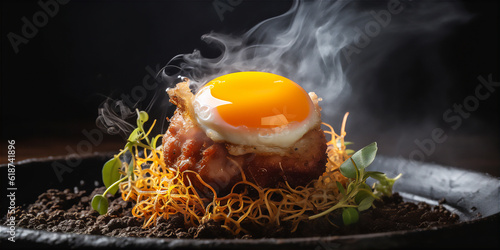 Molecular cuisine. Dish of crispy pork belly with a poached egg yolk, served in a nest of hay smoke. AI generative image photo