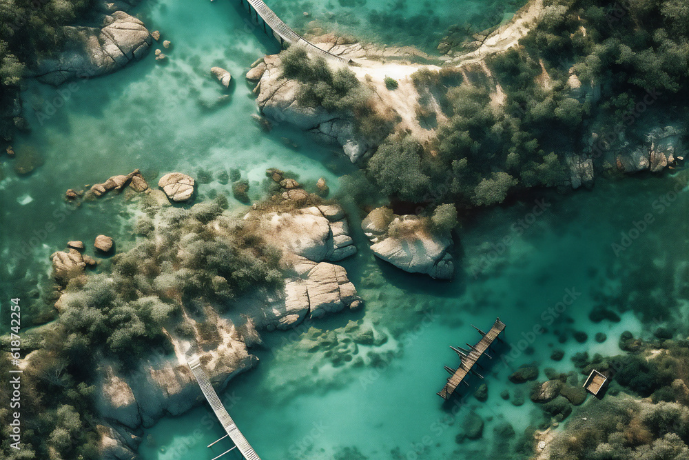 AI generative seamless pattern background of small islands in sea connected with bridges.