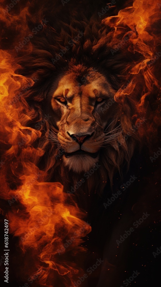 Naklejka premium The Lion King amidst a fiery landscape. The Lion King in Bright Fire. The Lion King stands proudly with a majestic mane and a powerful gaze. Generative AI