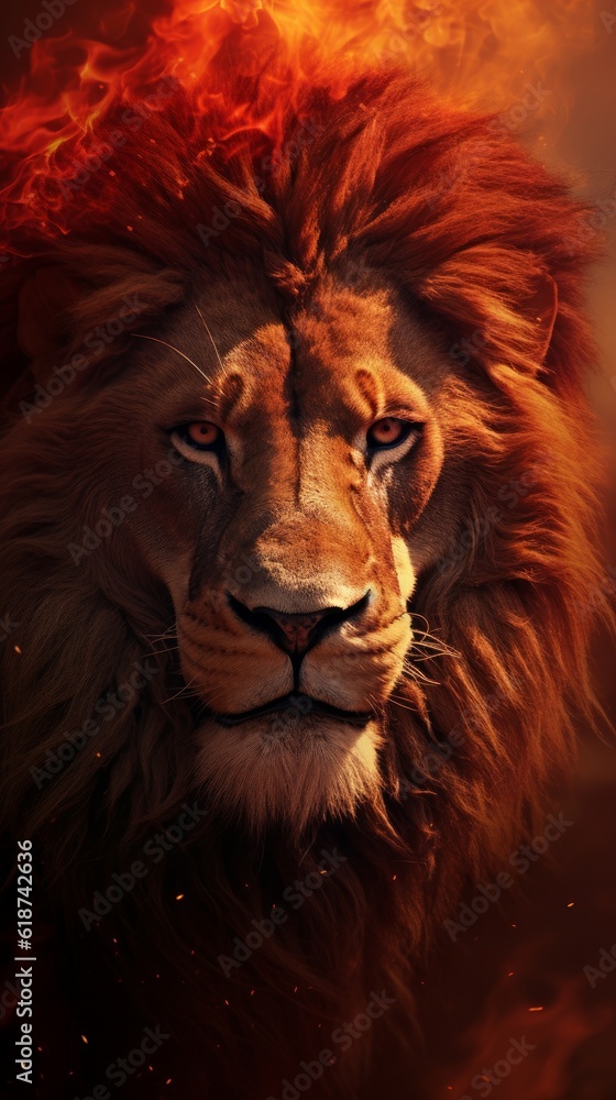 Naklejka premium The Lion King amidst a fiery landscape. The Lion King in Bright Fire. The Lion King stands proudly with a majestic mane and a powerful gaze. Generative AI